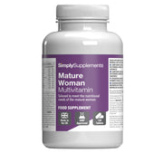 Flacone di integratore etichettato “Multivitaminico per Donne Simply Supplements” con etichetta viola su sfondo bianco.