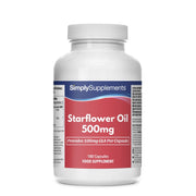 Flacone di integratore etichettato “Olio di Borragine 500mg Simply Supplements” con etichetta rossa su sfondo bianco.