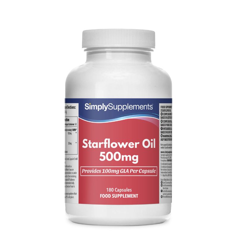 Flacone di integratore etichettato “Olio di Borragine 500mg Simply Supplements” con etichetta rossa su sfondo bianco.