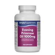 Flacone di integratore etichettato “Olio di Enotera 1000 mg Simply Supplements” con etichetta rosa su sfondo bianco.