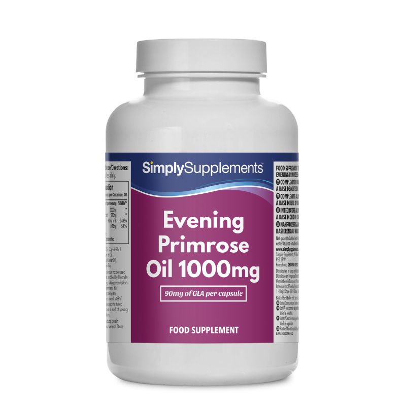 Flacone di integratore etichettato “Olio di Enotera 1000 mg Simply Supplements” con etichetta rosa su sfondo bianco.