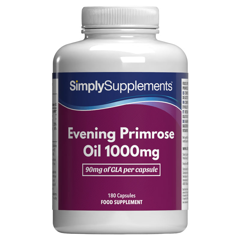 Flacone di integratore etichettato “Olio di Enotera 1000 mg Simply Supplements” con etichetta rosa su sfondo bianco.