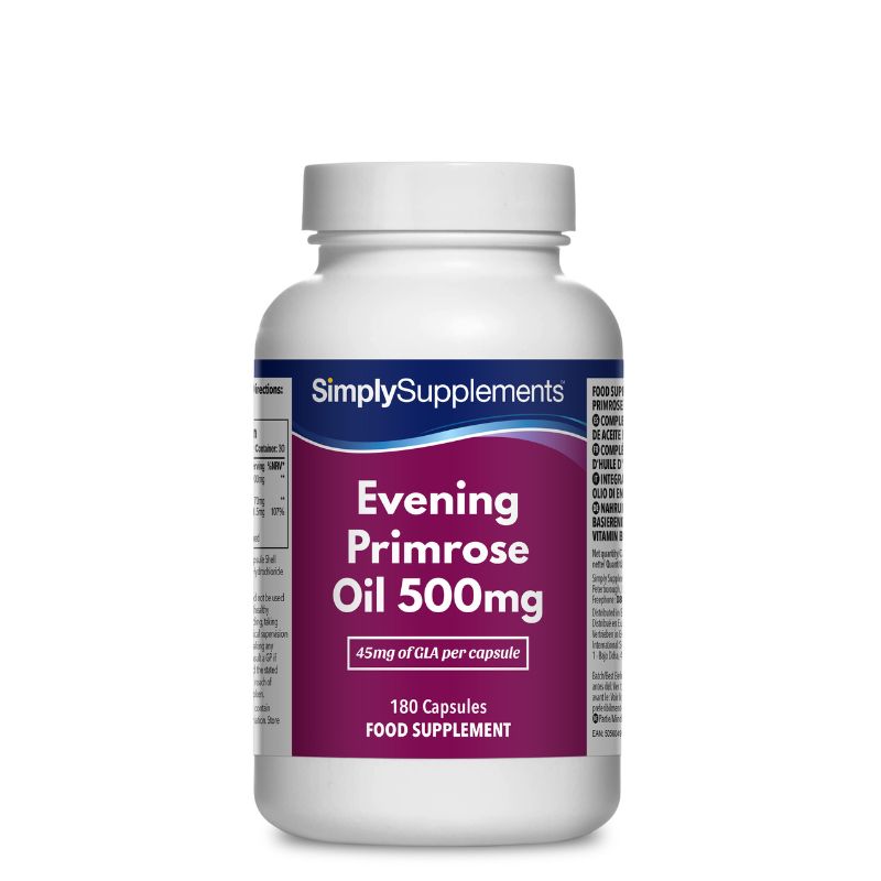 Flacone di integratore etichettato “Olio di Enotera 500mg Simply Supplements” con etichetta rosa su sfondo bianco