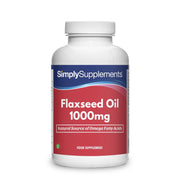 Flacone di integratore etichettato “Olio di Semi di Lino 1000mg Simply Supplements” con etichetta rossa su sfondo bianco.