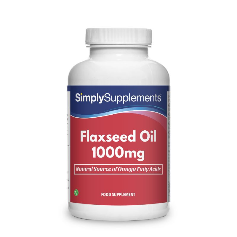 Flacone di integratore etichettato “Olio di Semi di Lino 1000mg Simply Supplements” con etichetta rossa su sfondo bianco.