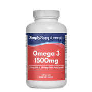 Flacone di integratore etichettato “Omega 3 1500mg Simply Supplements” con etichetta rossa su sfondo bianco.