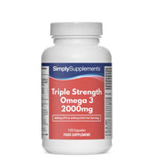 Flacone di integratore etichettato “Omega 3 2000mg Tripla Forza Simply Supplements” con etichetta rossa su sfondo bianco.