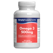Flacone di integratore etichettato “Omega 3 500mg Simply Supplements” con etichetta rossa su sfondo bianco.
