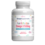 Flacone di integratore etichettato “Omega 3 500 mg per bambini Simply Supplements” con etichetta bianca su sfondo bianco.