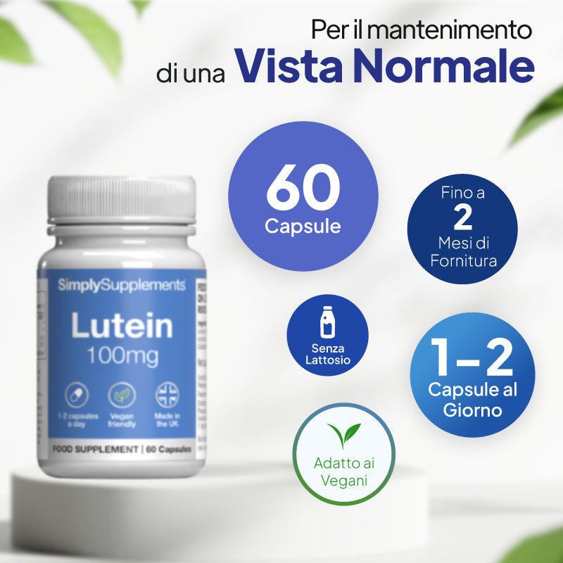Un flacone dell'integratore alimentare SimplySupplements Luteina 100 mg su un piedistallo bianco, con testo promozionale in italiano e didascalie circolari blu che indicano 60 capsule, una scorta fino a 2 mesi, 1-2 capsule al giorno e adatto ai vegani.
