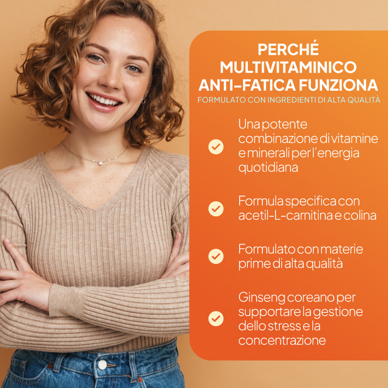 A smiling woman with curly hair wears a beige knit sweater and blue jeans against a warm beige background, next to an orange text panel describing a multivitamin formula in Italian.