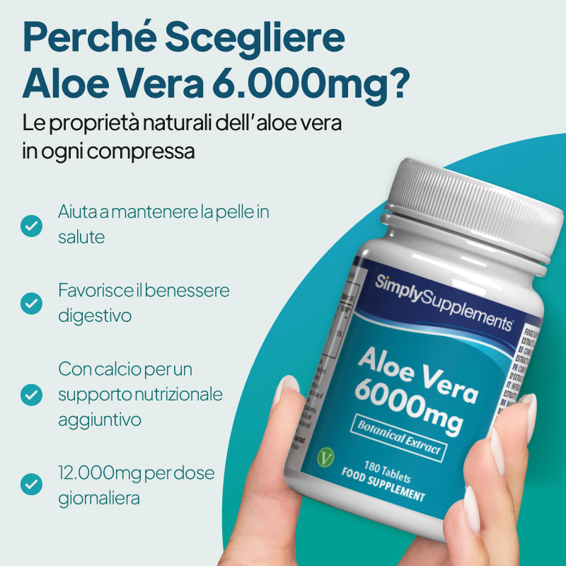 Una mano regge un flacone bianco dell'integratore alimentare SimplySupplements Aloe Vera da 6000 mg, su uno sfondo grafico azzurro e verde acqua con un testo in italiano che ne evidenzia i benefici.