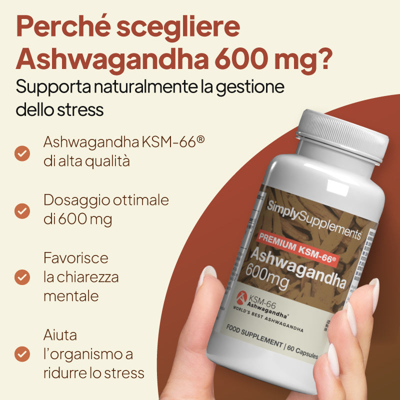 Una mano regge un flacone dell’integratore alimentare SimplySupplements Ashwagandha da 600 mg su uno sfondo grafico nei toni del beige e del marrone, con un testo in italiano che descrive i benefici dell’ashwagandha.