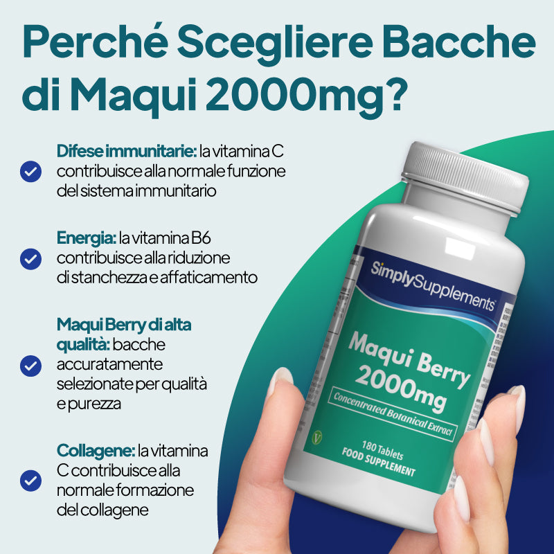Le compresse di bacche di maqui da 2.000 mg di Simply Supplements sostengono la funzione immunitaria e aiutano a ridurre la stanchezza e l'affaticamento.
