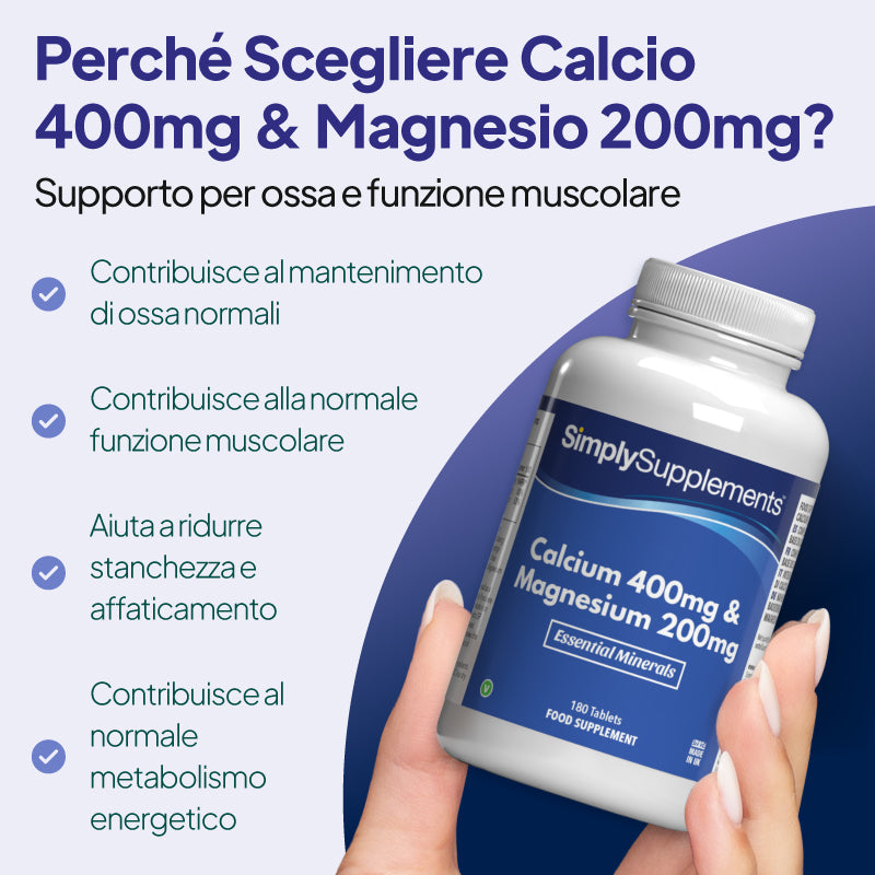 Le compresse Simply Supplements con 400 mg di calcio e 200 mg di magnesio contribuiscono al mantenimento delle ossa, favoriscono la contrazione muscolare e riducono la stanchezza e l'affaticamento
