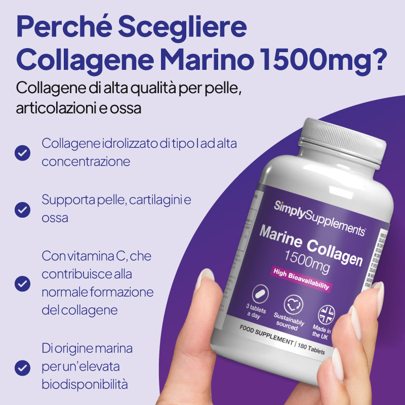 Una mano che regge un flacone dell’integratore alimentare SimplySupplements Marine Collagen 1500 mg, su uno sfondo grafico viola e azzurro con un testo in italiano che ne evidenzia i benefici.