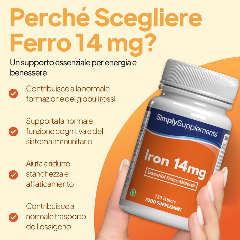 Una mano che regge un flacone dell’integratore alimentare SimplySupplements Iron 14 mg su uno sfondo beige caldo, con testo promozionale in italiano e dettagli arancioni.