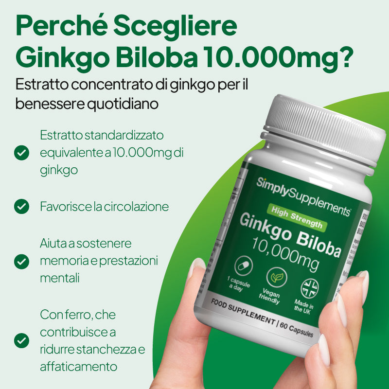 Immagine promozionale dell'integratore Simply Supplements Ginkgo Biloba 10.000 mg che evidenzia l'estratto standardizzato di ginkgo equivalente a 10.000 mg, il sostegno alla circolazione cerebrale e corporea, il contributo al mantenimento della memoria e delle prestazioni mentali, nonché l'aggiunta di ferro per ridurre la stanchezza e l'affaticamento.