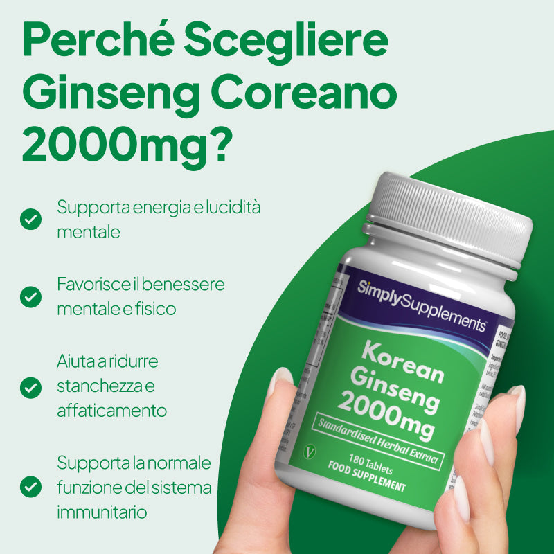 Il ginseng coreano favorisce i livelli di energia e la lucidità mentale, promuove il benessere fisico e mentale e aiuta a ridurre la stanchezza e l'affaticamento.