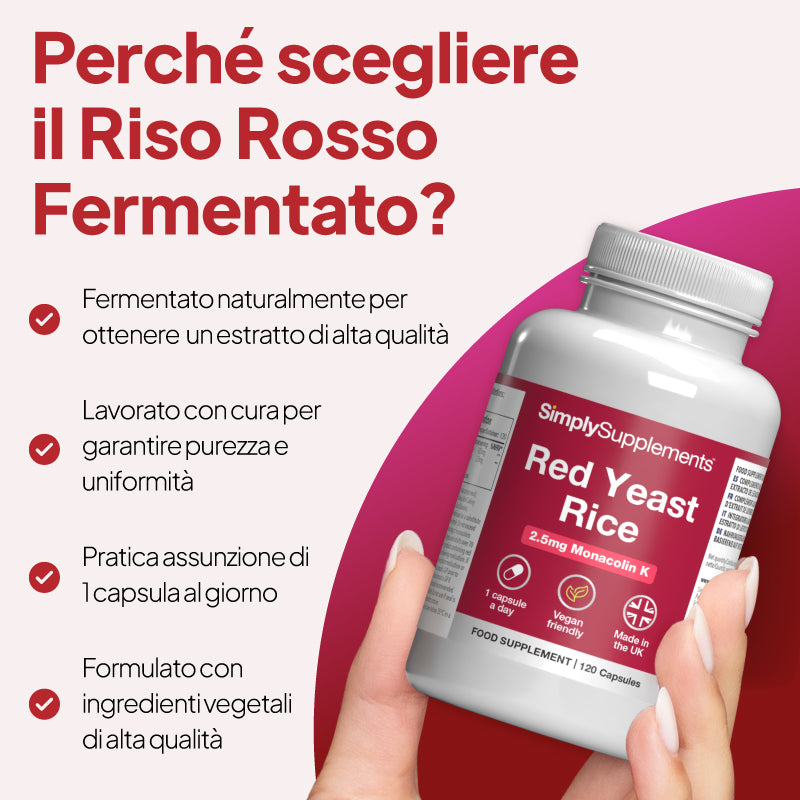 Una mano che regge un flacone bianco dell’integratore alimentare “SimplySupplements Red Yeast Rice”, su uno sfondo rosa chiaro con un testo promozionale in italiano e un elemento grafico rosa scuro.