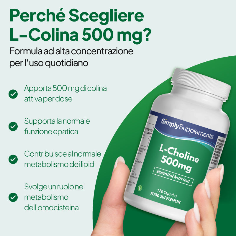 Immagine del prodotto "Simply Supplements L-Colina 500 mg" che evidenzia i 500 mg di colina attiva per porzione, il contributo al normale funzionamento del fegato, al normale metabolismo dei lipidi e al metabolismo dell'omocisteina.
