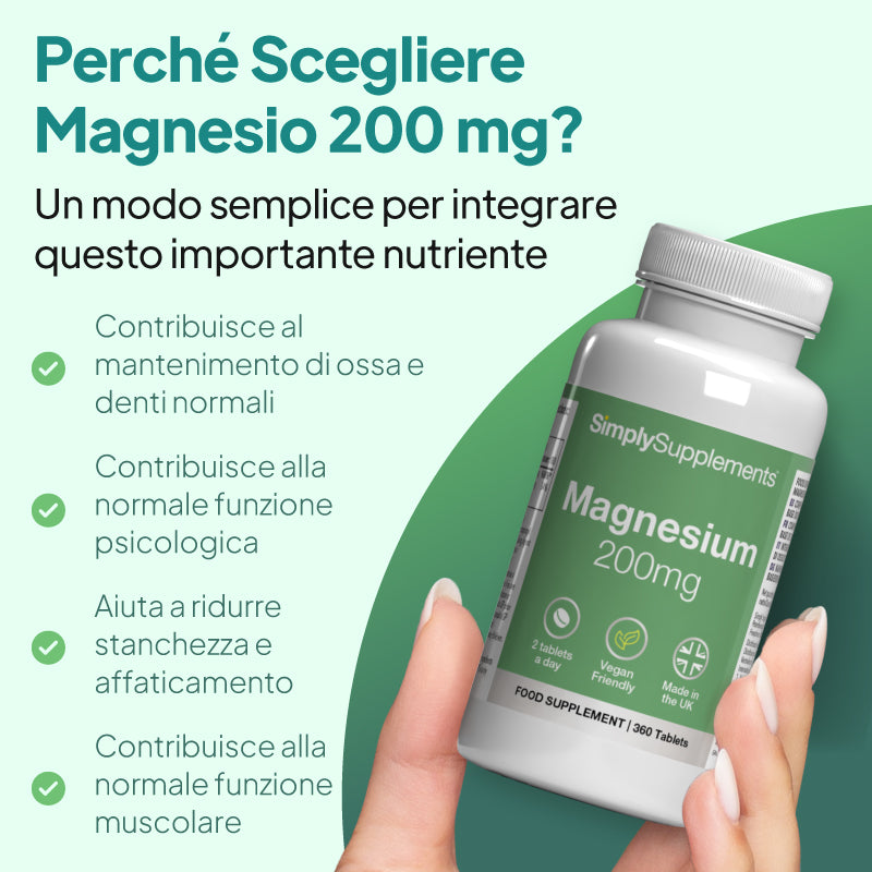Una mano che regge una confezione dell’integratore alimentare SimplySupplements Magnesio 200 mg, su uno sfondo verde chiaro con testo promozionale in italiano e segni di spunta.