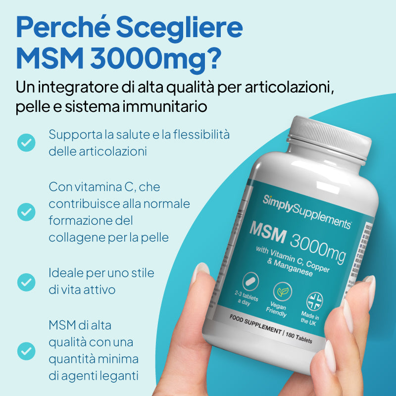 Una mano regge un flacone bianco dell’integratore alimentare SimplySupplements MSM 3000 mg su uno sfondo grafico azzurro e verde acqua, con un testo promozionale in italiano e dei segni di spunta.