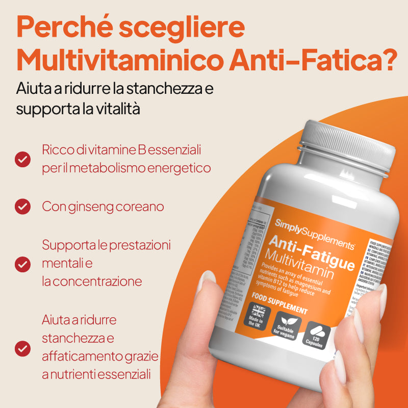 Una mano regge un flacone bianco di SimplySupplements Anti-Fatigue Multivitamin su uno sfondo promozionale beige e arancione con testo in italiano ed elenchi puntati.