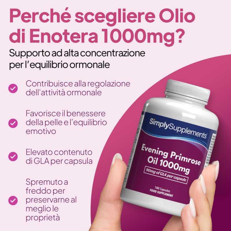 Immagine promozionale dell'olio di enotera SimplySupplements da 1000 mg, che raffigura una mano che regge un flacone bianco con un'etichetta viola su uno sfondo rosa e magenta, con didascalie in italiano.