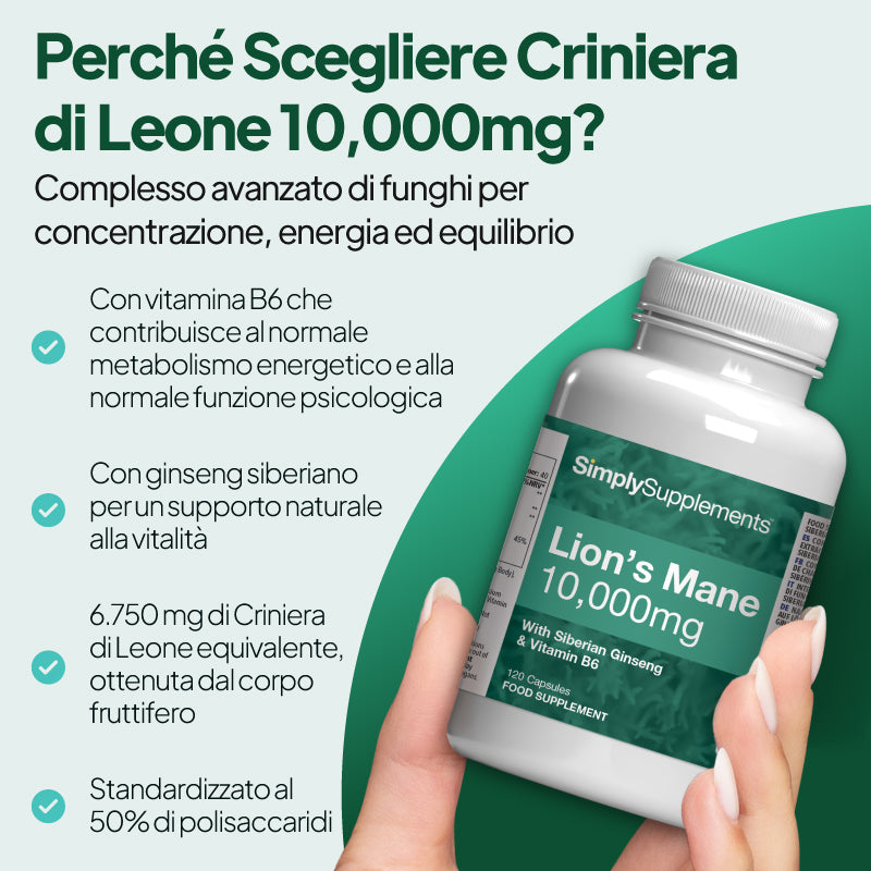 Immagine promozionale di Simply Supplements dedicata al Lion’s Mane e al ginseng siberiano con vitamina B6, che evidenzia i 6.750 mg di Lion’s Mane ricavati dal corpo fruttifero, standardizzati al 50% di contenuto di polisaccaridi, con l’aggiunta di ginseng siberiano per una maggiore resistenza naturale e di vitamina B6 a sostegno dell’energia e delle funzioni cognitive.
