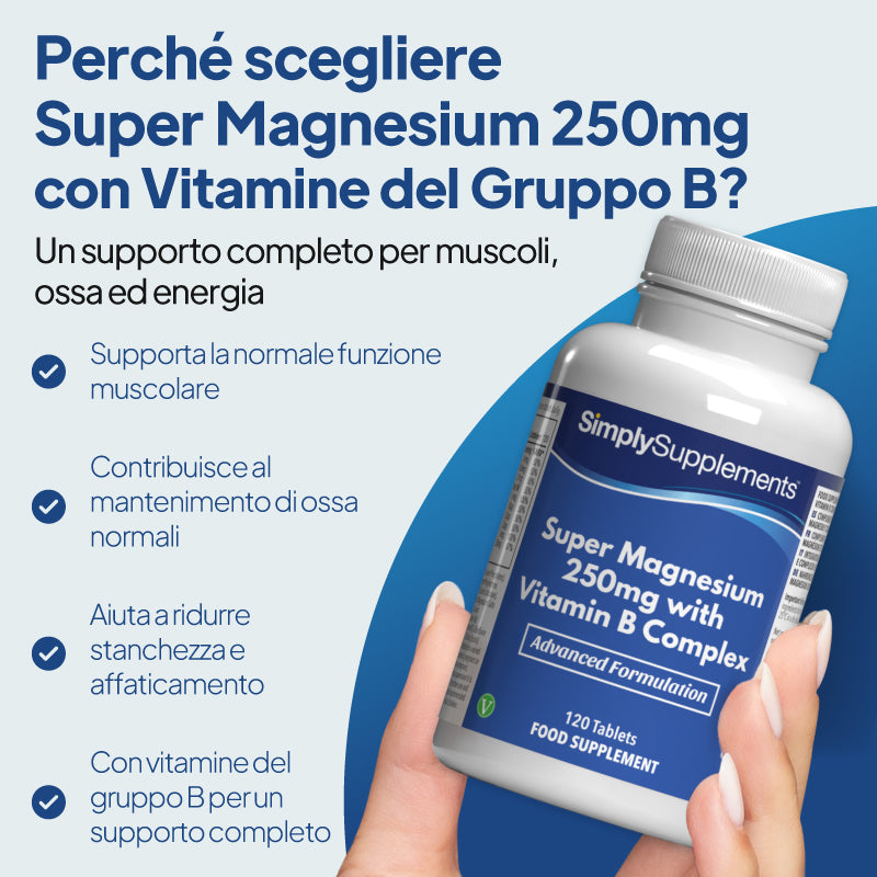 Super Magnesio con Complesso Vitaminico B favorisce la normale funzione muscolare, contribuisce alla salute delle ossa e riduce la stanchezza e l’affaticamento
