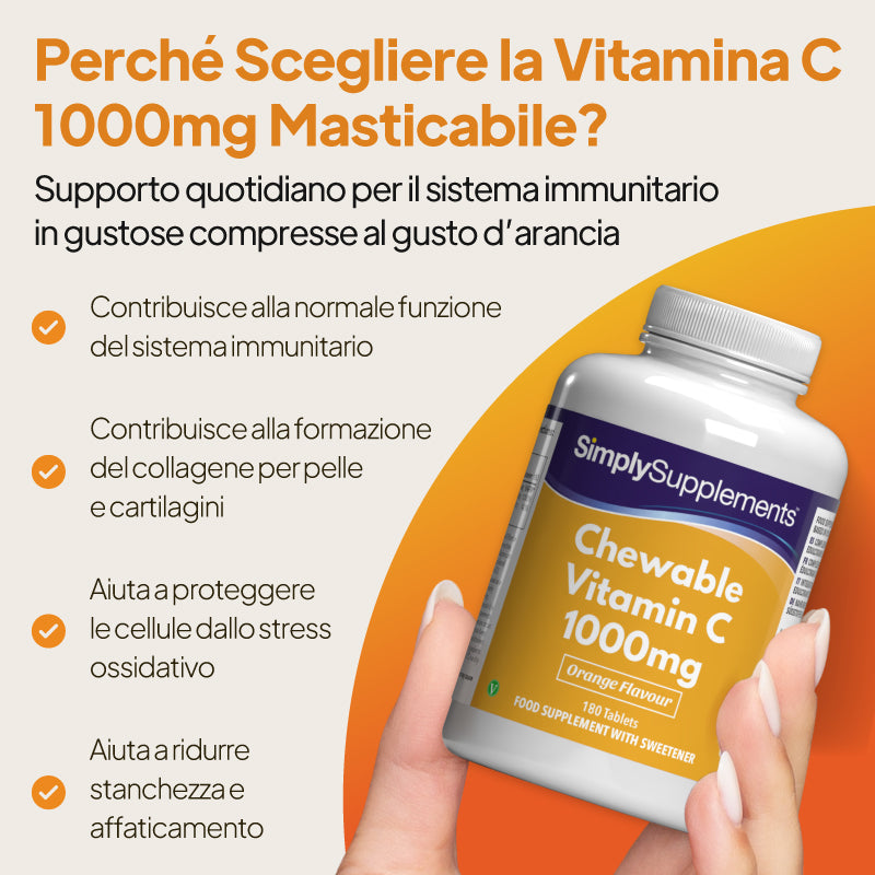La vitamina C contribuisce al funzionamento del sistema immunitario, favorisce la produzione di collagene e aiuta a proteggere dallo stress ossidativo