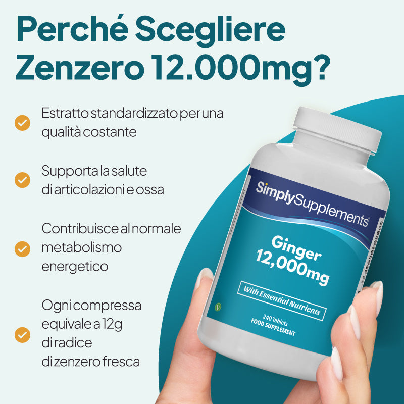 Le compresse allo zenzero di Simply Supplements favoriscono la salute delle articolazioni e delle ossa e contribuiscono al metabolismo energetico