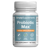Flacone di integratore etichettato “Probiotic Max Simply Supplements” con etichetta grigia su sfondo bianco.