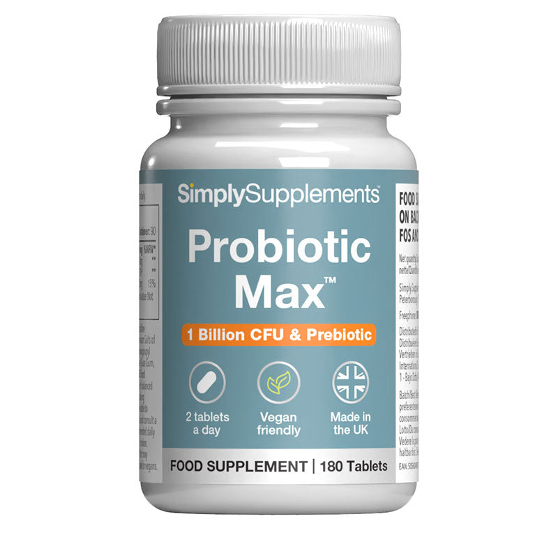 Flacone di integratore etichettato “Probiotic Max Simply Supplements” con etichetta grigia su sfondo bianco.