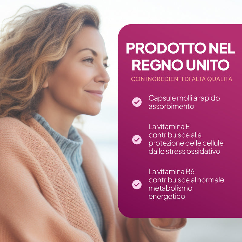 Un'immagine promozionale con, a sinistra, una donna sorridente che indossa un cardigan beige e un maglione blu e, a destra, un grande riquadro di testo color magenta con la scritta “PRODOTTO NEL REGNO UNITO”, accompagnato dai vantaggi del prodotto in italiano e da dei segni di spunta.