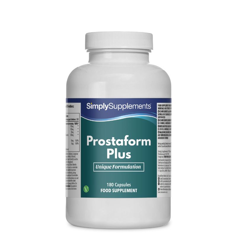 Flacone di integratore etichettato “Prostaform Plus Simply Supplements” con etichetta verde su sfondo bianco.
