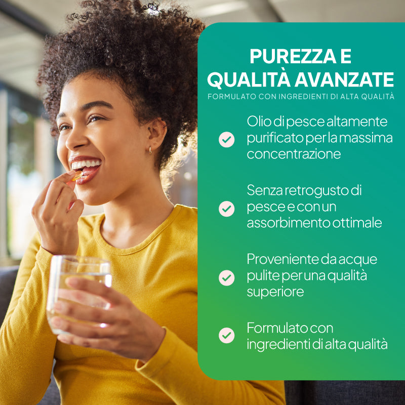 Una donna con una maglietta gialla tiene in mano un bicchiere d'acqua mentre mangia; sulla destra, un grande cartello verde in italiano pubblicizza la purezza e la qualità superiori dell'olio di pesce.