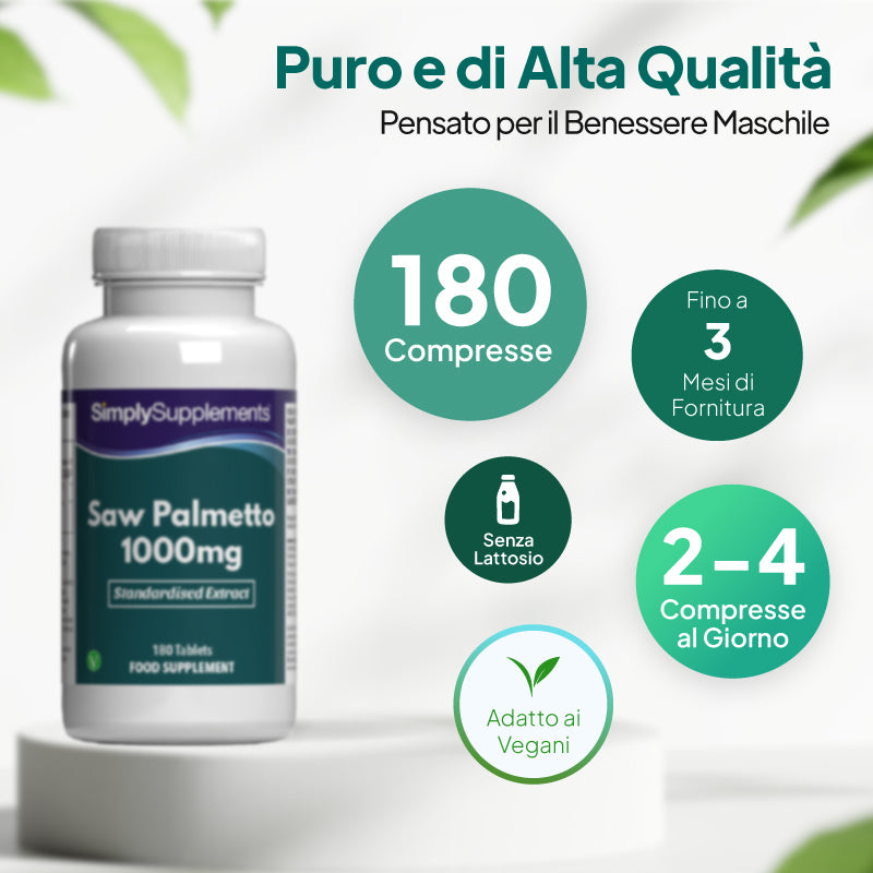 Una mano regge un flacone bianco dell’integratore alimentare SimplySupplements Saw Palmetto 1000 mg su uno sfondo grafico verde acqua e bianco, con un testo di marketing in italiano e dei segni di spunta.