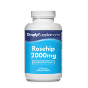 Flacone di integratore etichettato “Rosa Canina 2000mg Simply Supplements” con etichetta celeste su sfondo bianco.