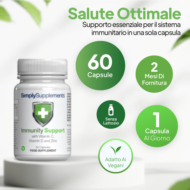 Un flacone bianco dell'integratore alimentare SimplySupplements Immunity Support su un piedistallo bianco, con testo promozionale in italiano e didascalie circolari verdi che recitano: 60 capsule, confezione per 2 mesi, senza lattosio, 1 capsula al giorno e adatto ai vegani.