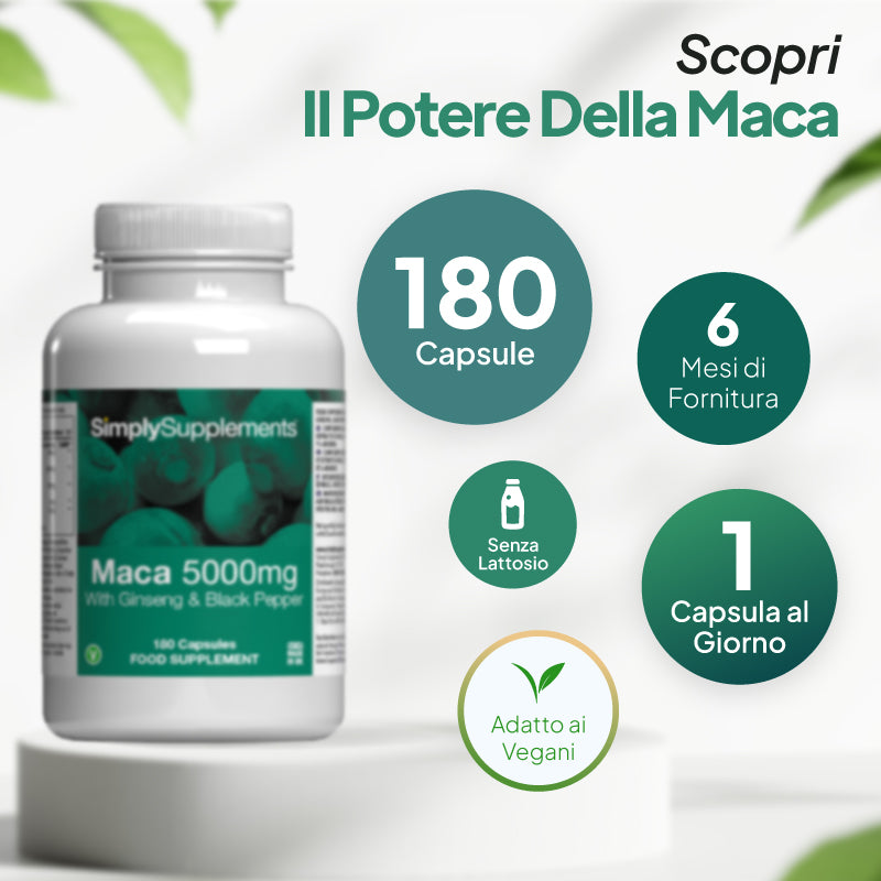 Infografica sul prodotto “Simply Supplements Maca 5000 mg con ginseng e pepe nero”, che mostra il flacone dell’integratore accanto a un’immagine circolare raffigurante la polvere di maca, con il testo “Scopri il potere della maca” e che evidenzia la presenza di 180 capsule, una fornitura fino a 6 mesi, 1 capsula al giorno, l’idoneità per vegani e vegetariani e l’assenza di coloranti artificiali e conservanti.
