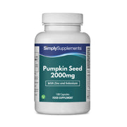Flacone di integratore etichettato “Semi di Zucca 2000mg Simply Supplements” con etichetta verde su sfondo bianco.