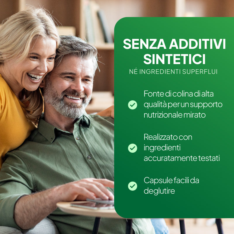 Immagine promozionale di Simply Supplements L-Colina 500 mg che mette in evidenza l’assenza di additivi sintetici, gli ingredienti testati, il supporto alimentare mirato e il formato in capsule facile da deglutire.
