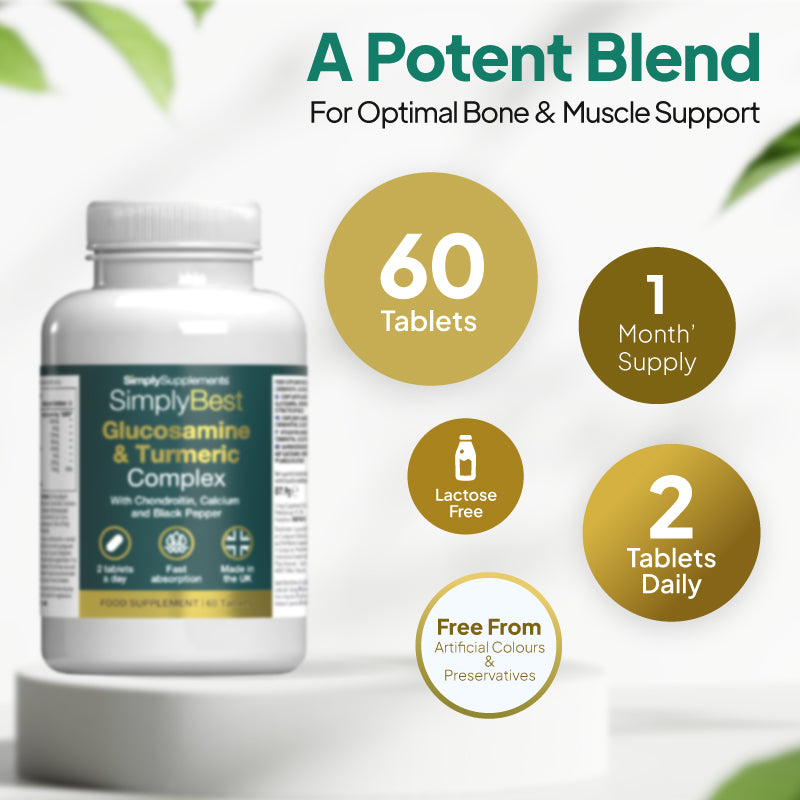 Simply Best Glucosamine & Turmeric supplement bottle with information on tablets, supply duration, and benefits on a white background