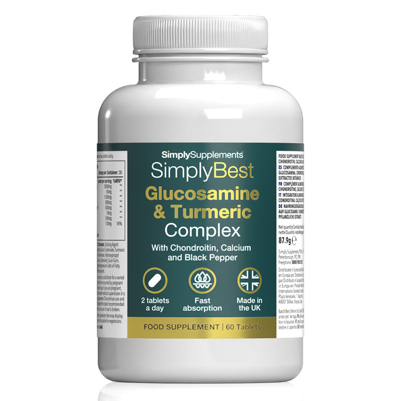 Supplement bottle labeled 'SimplyBest Glucosamine & Turmeric Complex' on a white background