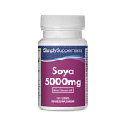 Flacone di integratore etichettato “Soia 5000mg Simply Supplements” con etichetta rosa su sfondo bianco.
