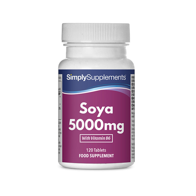Flacone di integratore etichettato “Soia 5000mg Simply Supplements” con etichetta rosa su sfondo bianco.
