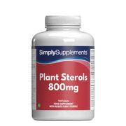 Flacone di integratore etichettato “Steroli Vegetali 800mg Simply Supplements” con etichetta rossa su sfondo bianco.
