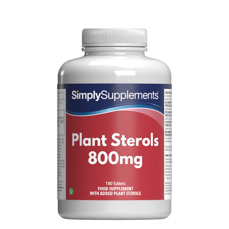 Flacone di integratore etichettato “Steroli Vegetali 800mg Simply Supplements” con etichetta rossa su sfondo bianco.
